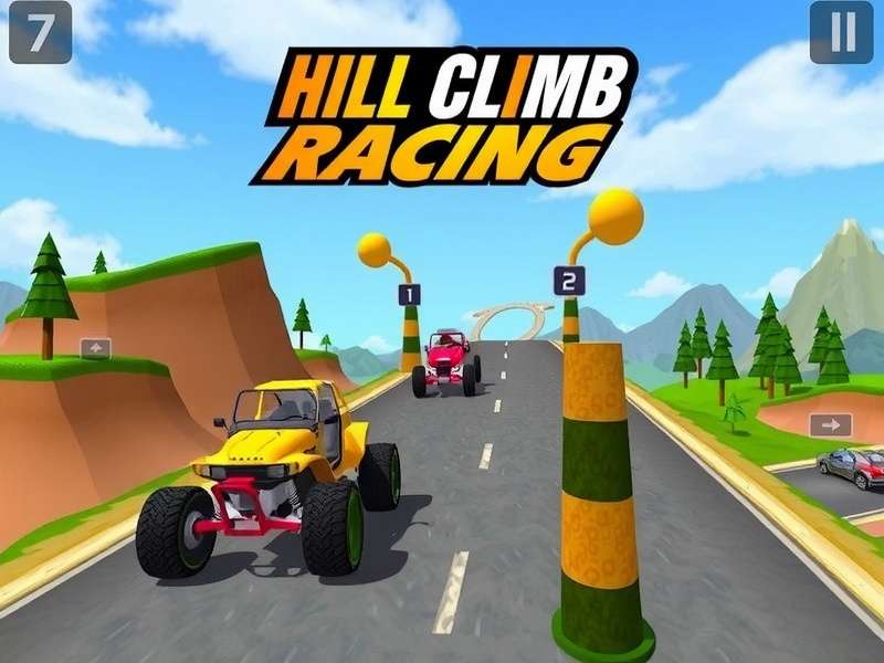 Hill Climb Racing gameplay on Windows 10 PC showing a detailed landscape