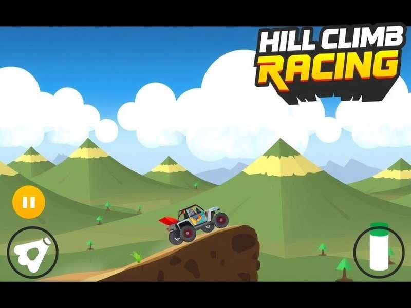 Hill Climb Racing gameplay showing Bill Newton driving the jeep on a hilly terrain