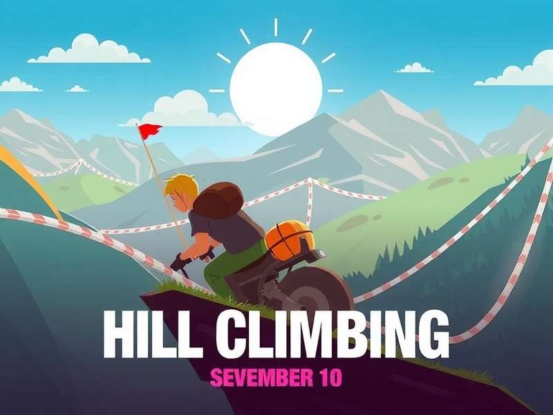 Hill Climb Racing gameplay showing a jeep climbing a steep mountain track with beautiful sunset background