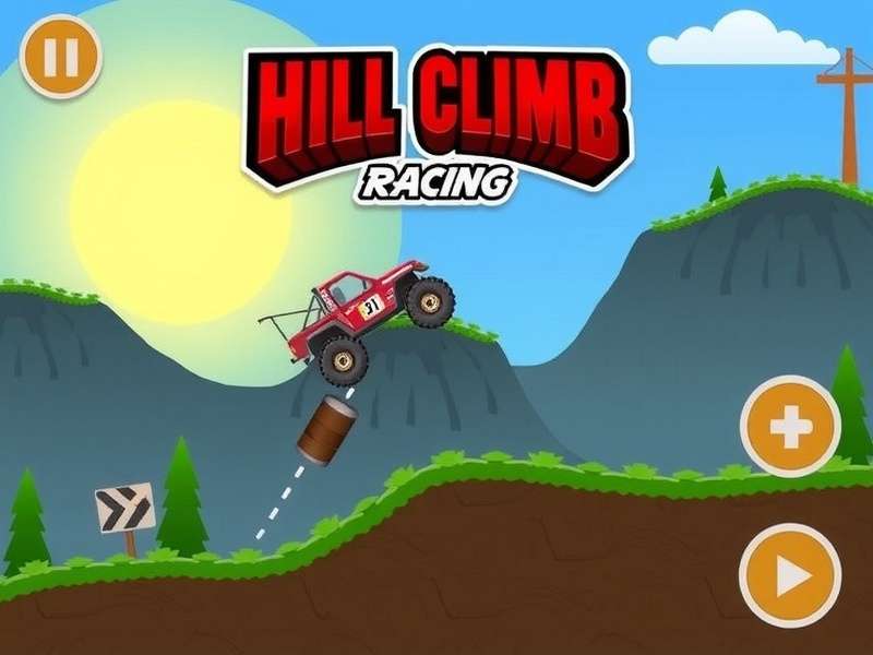 Hill Climb Racing Unblocked gameplay screenshot showing a Jeep climbing a steep hill with checkpoints.