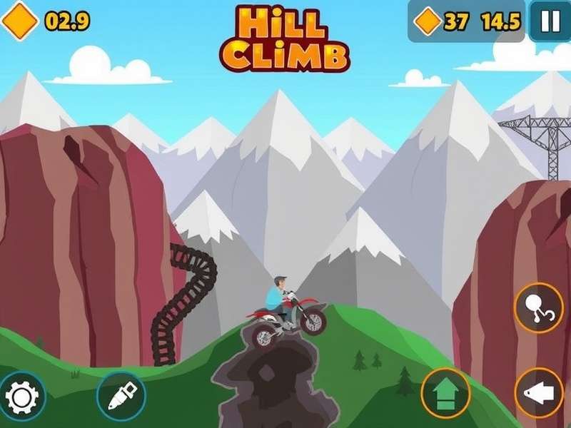 Hill Climb Racing gameplay screenshot showing a jeep climbing a steep mountain track with dynamic terrain