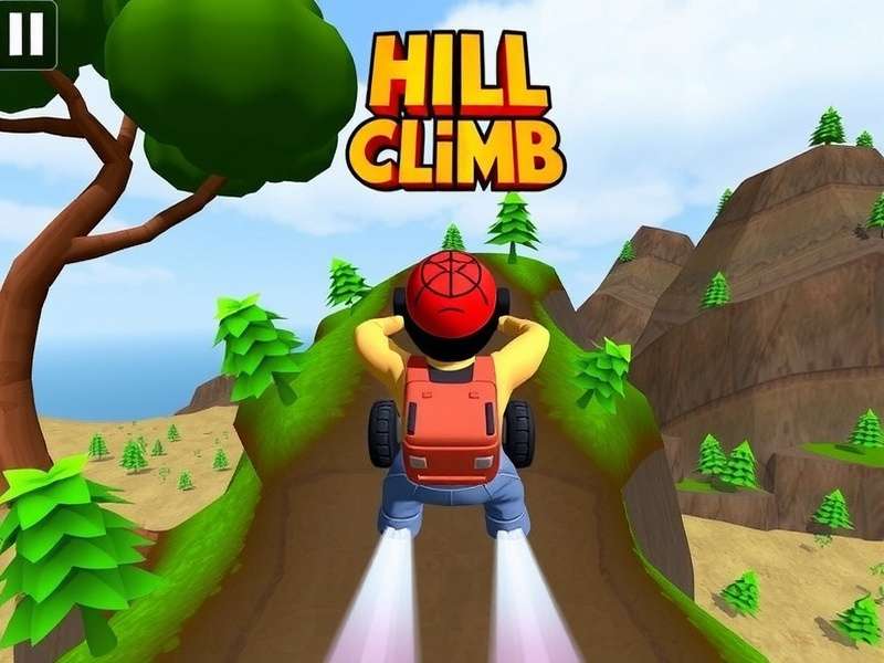 Hill Climb Racing game running on a PC laptop screen showing mountainous terrain and a jeep