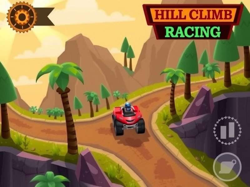 Hill Climb Racing gameplay showing a jeep climbing a steep mountain track with boosters and coins