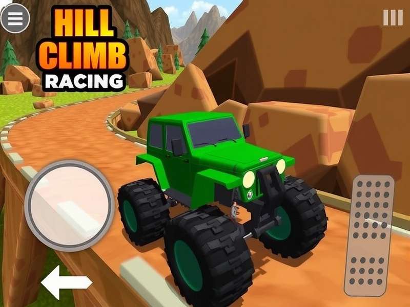 Hill Climb Racing gameplay on PC showing off-road vehicle driving up a steep mountain track with boost effects
