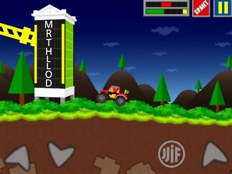 Hill Climb Racing game banner showing a jeep climbing a steep hill with mountains in background